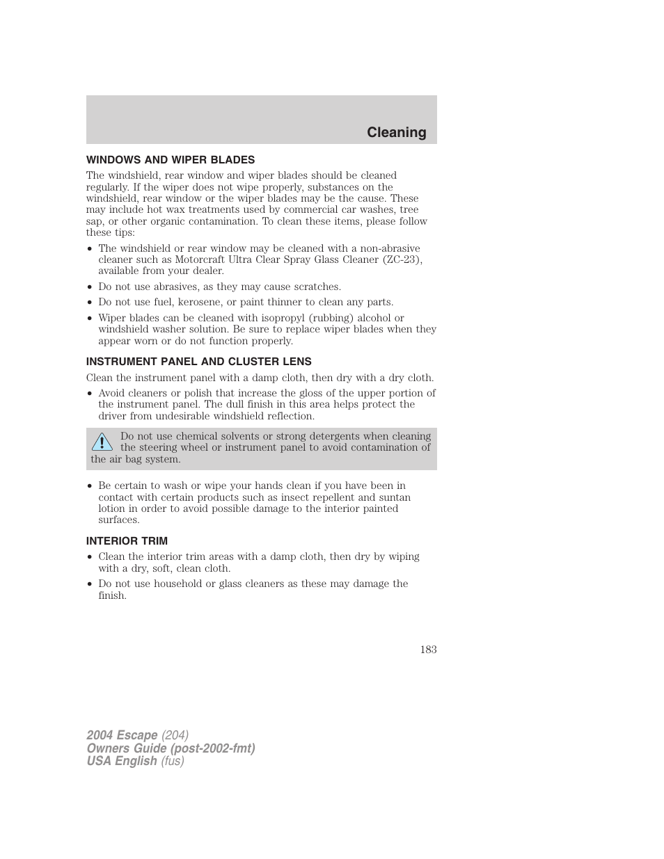 Cleaning | FORD 2004 Escape v.1 User Manual | Page 183 / 240