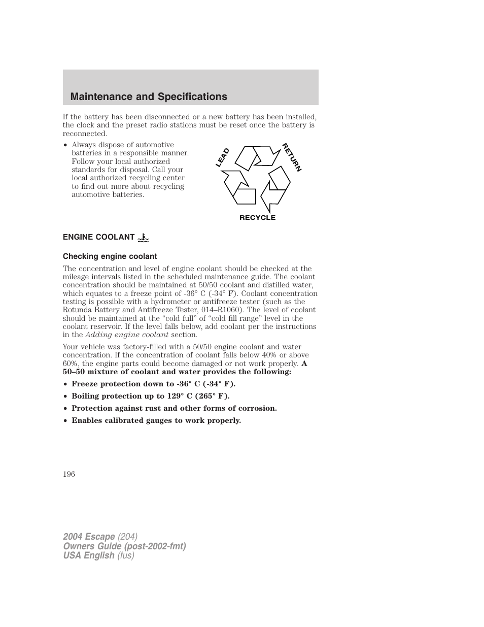 Maintenance and specifications | FORD 2004 Escape v.1 User Manual | Page 196 / 240