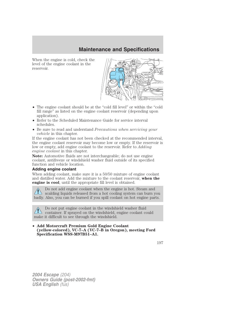 Maintenance and specifications | FORD 2004 Escape v.1 User Manual | Page 197 / 240