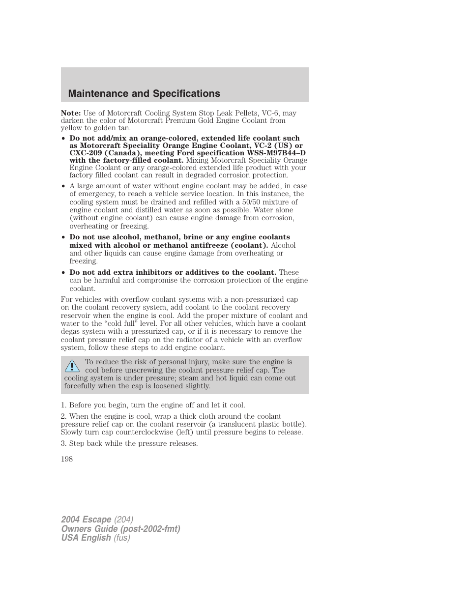 Maintenance and specifications | FORD 2004 Escape v.1 User Manual | Page 198 / 240