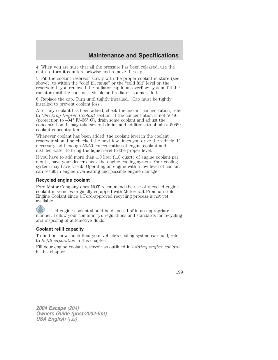 Maintenance and specifications | FORD 2004 Escape v.1 User Manual | Page 199 / 240