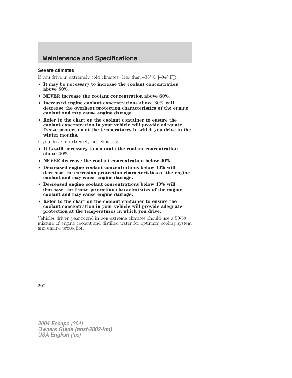 Maintenance and specifications | FORD 2004 Escape v.1 User Manual | Page 200 / 240