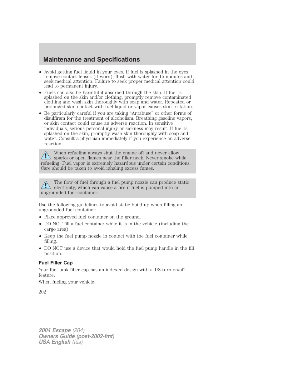 Maintenance and specifications | FORD 2004 Escape v.1 User Manual | Page 202 / 240