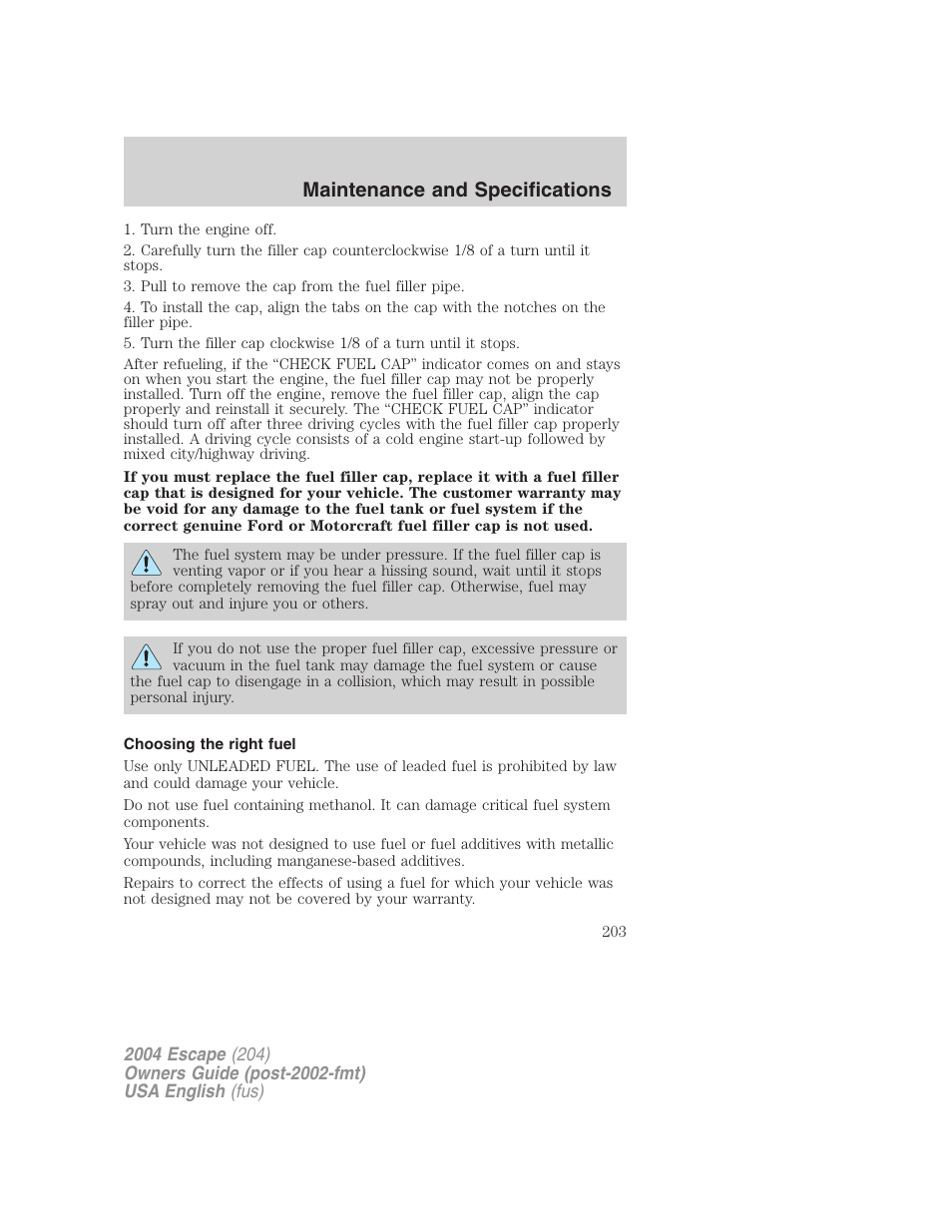 Maintenance and specifications | FORD 2004 Escape v.1 User Manual | Page 203 / 240