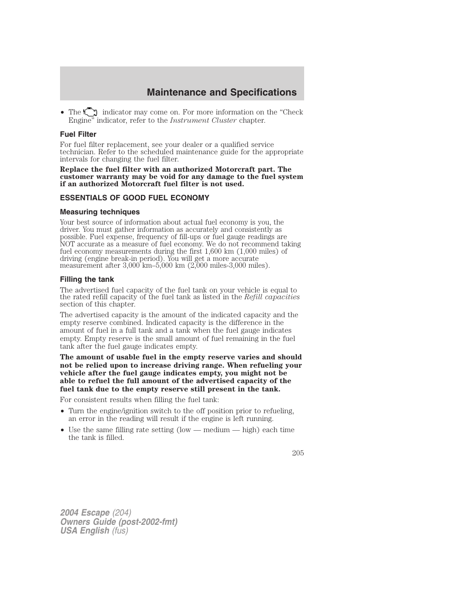 Maintenance and specifications | FORD 2004 Escape v.1 User Manual | Page 205 / 240