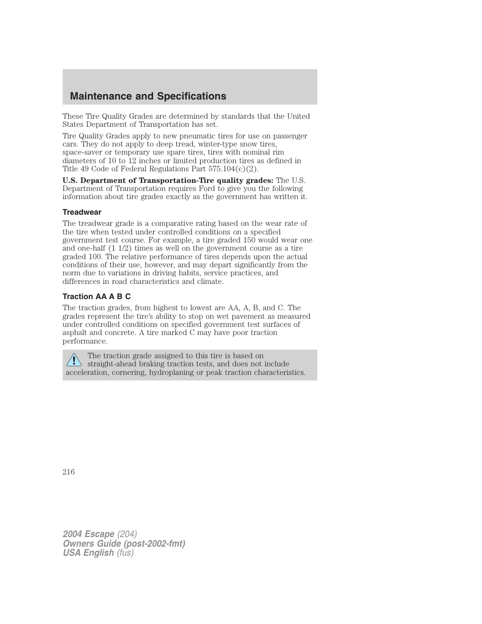 Maintenance and specifications | FORD 2004 Escape v.1 User Manual | Page 216 / 240