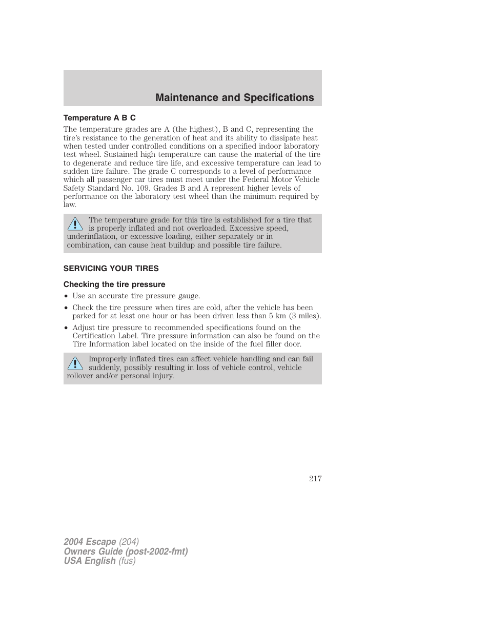 Maintenance and specifications | FORD 2004 Escape v.1 User Manual | Page 217 / 240
