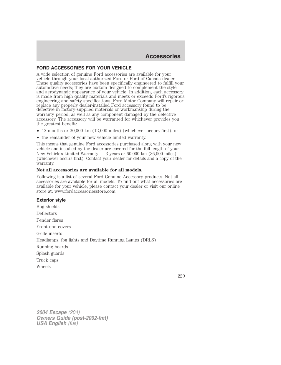 Accessories | FORD 2004 Escape v.1 User Manual | Page 229 / 240