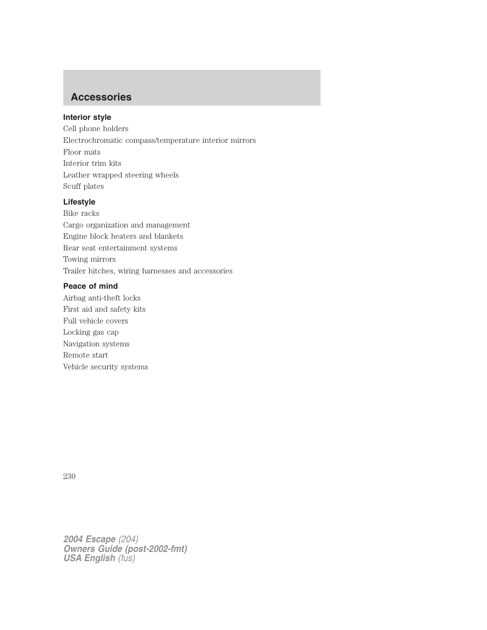 Accessories | FORD 2004 Escape v.1 User Manual | Page 230 / 240