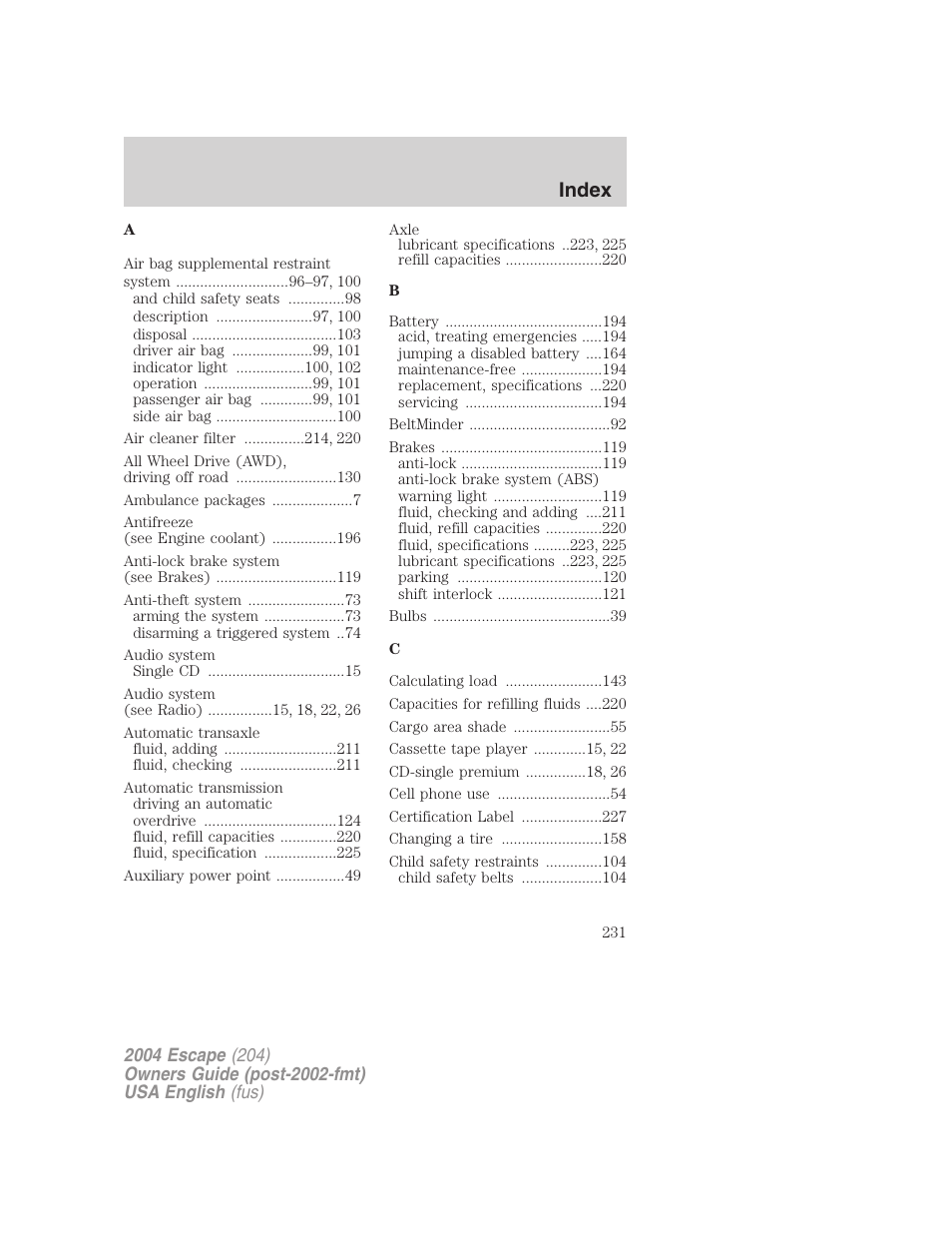 Index | FORD 2004 Escape v.1 User Manual | Page 231 / 240
