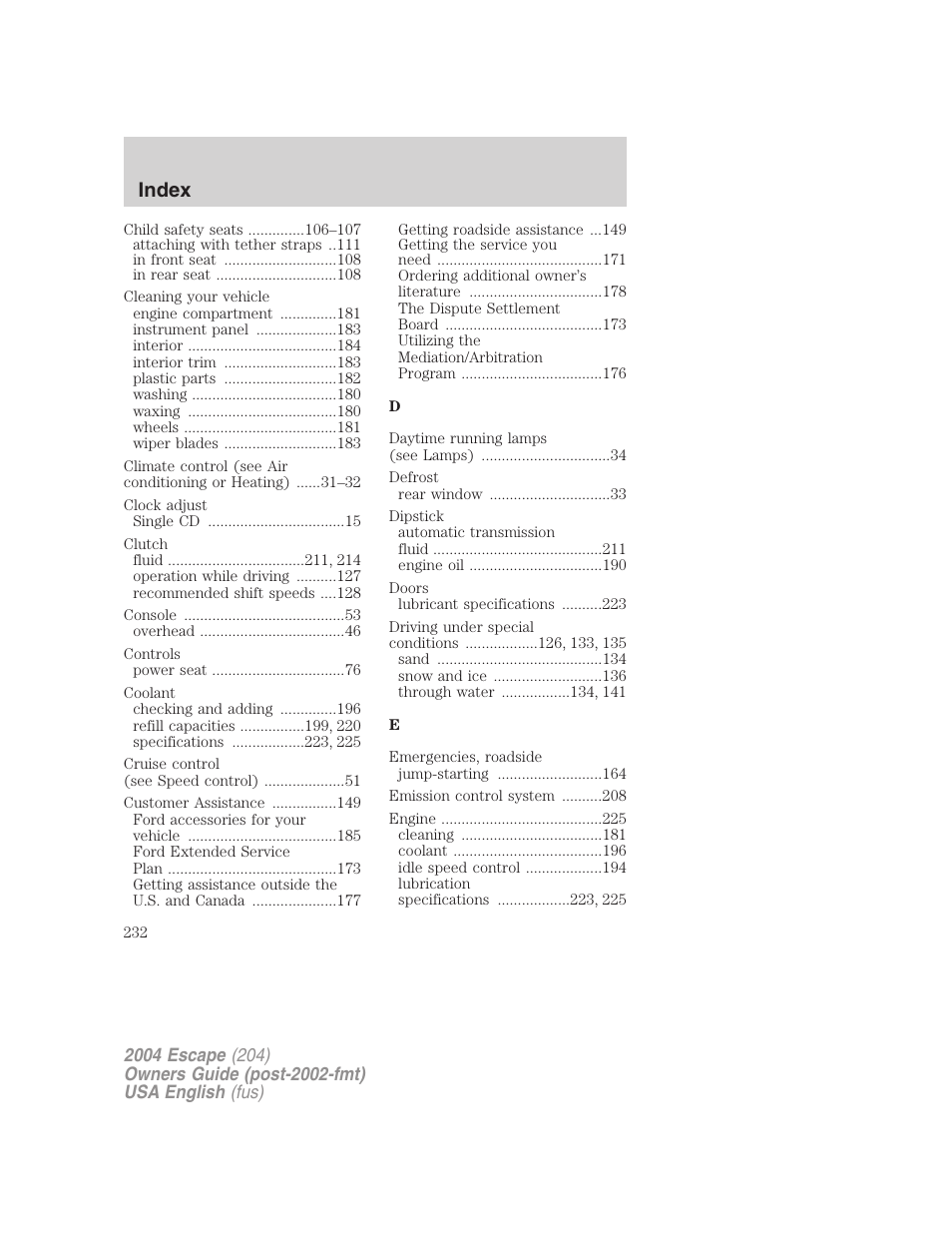 Index | FORD 2004 Escape v.1 User Manual | Page 232 / 240
