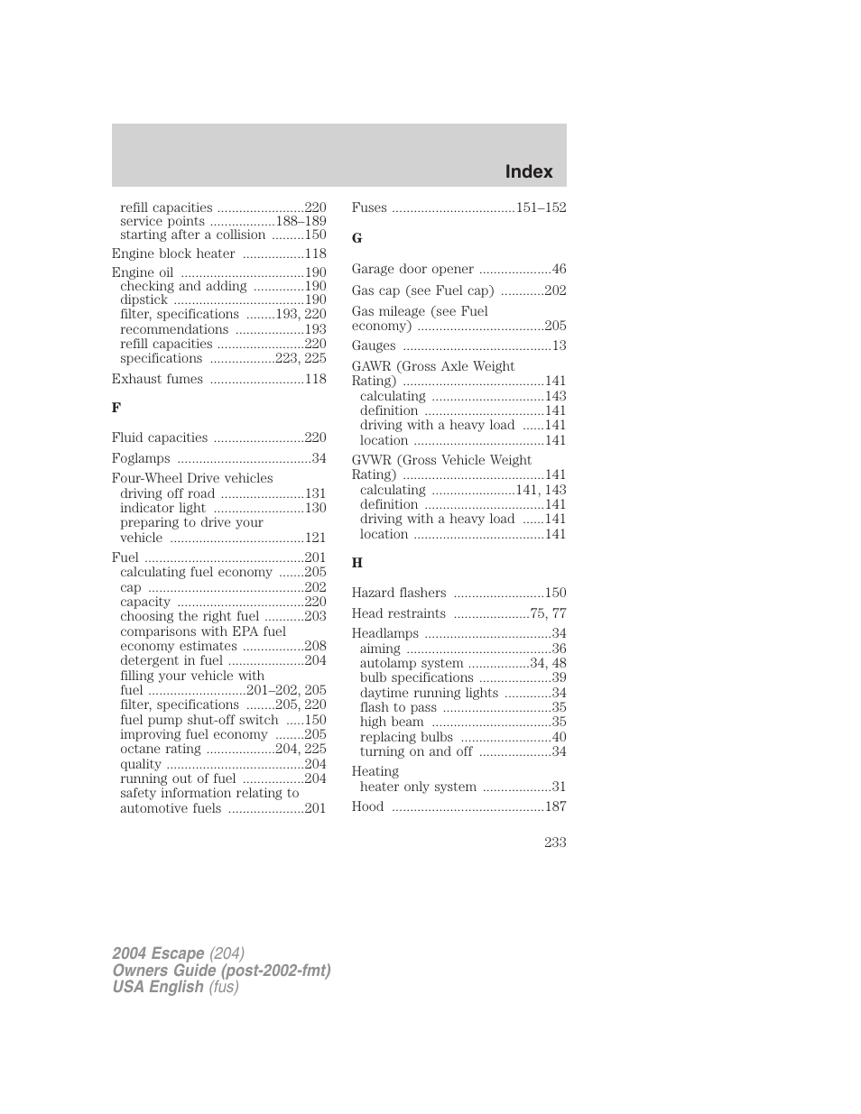 Index | FORD 2004 Escape v.1 User Manual | Page 233 / 240