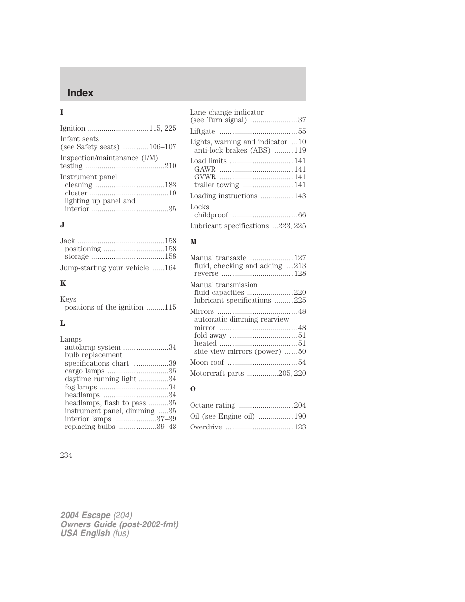 Index | FORD 2004 Escape v.1 User Manual | Page 234 / 240