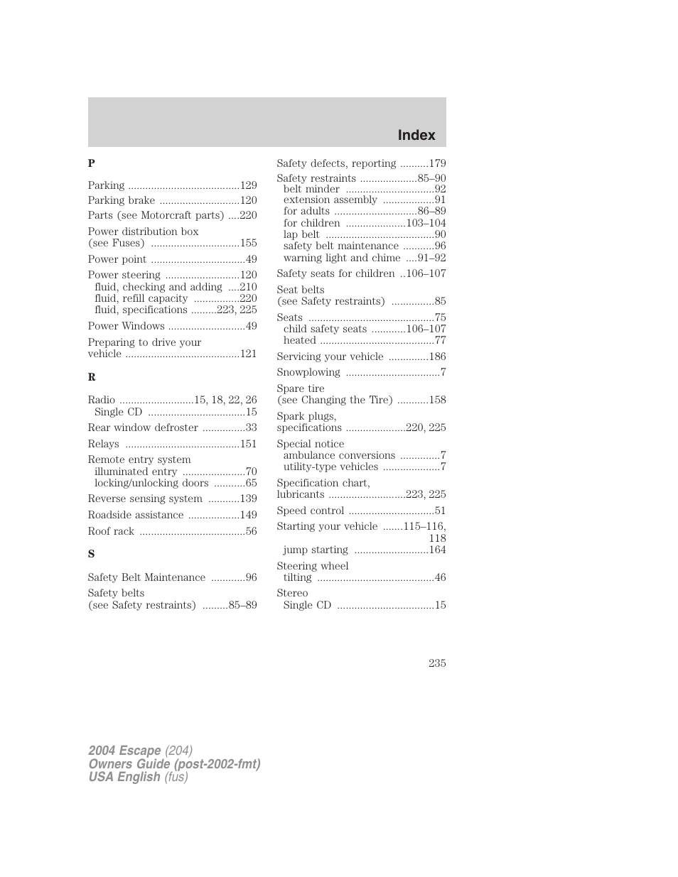 Index | FORD 2004 Escape v.1 User Manual | Page 235 / 240