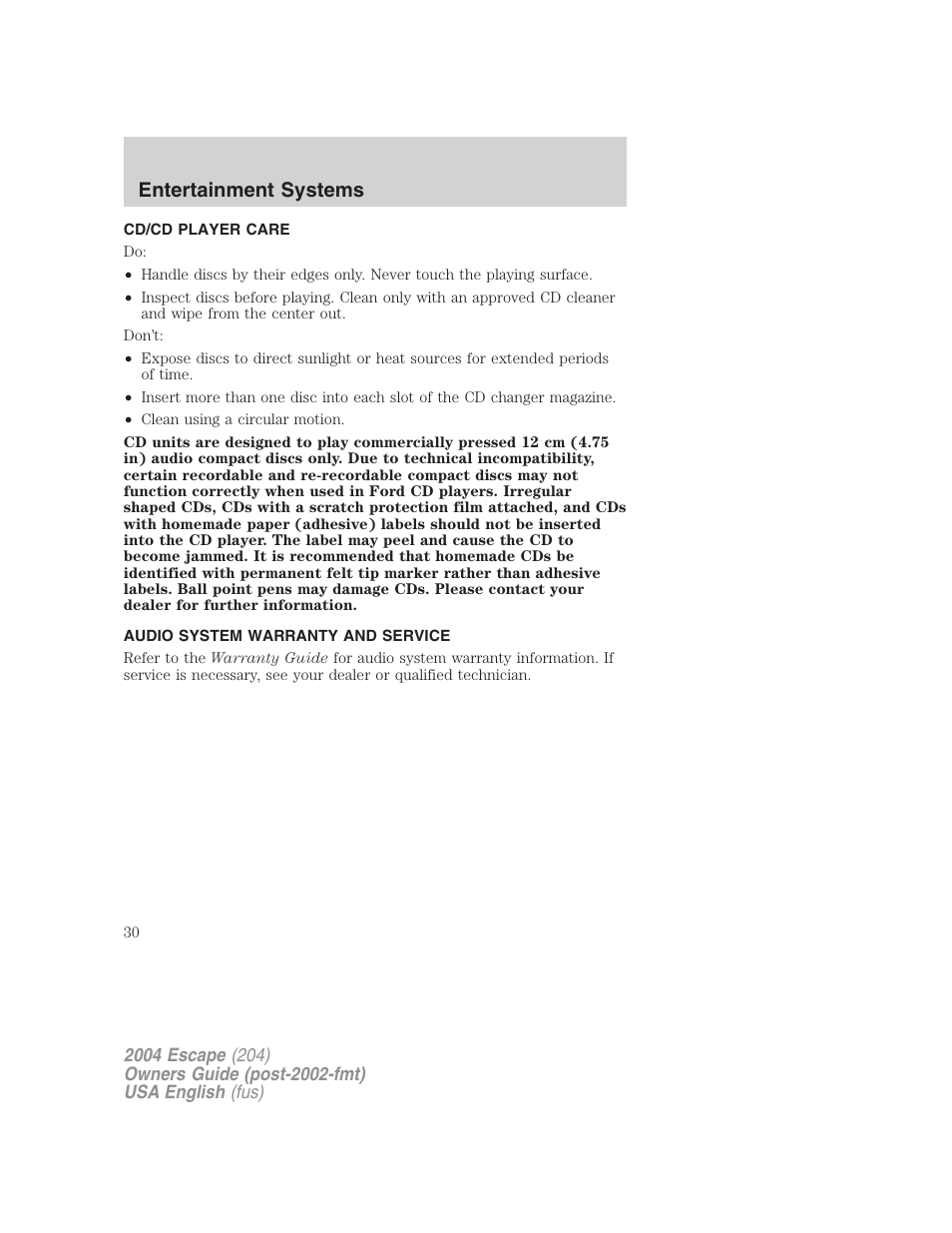 Entertainment systems | FORD 2004 Escape v.1 User Manual | Page 30 / 240