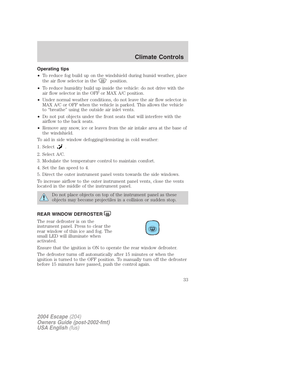 Climate controls | FORD 2004 Escape v.1 User Manual | Page 33 / 240