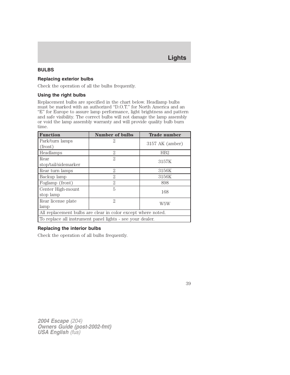 Lights | FORD 2004 Escape v.1 User Manual | Page 39 / 240