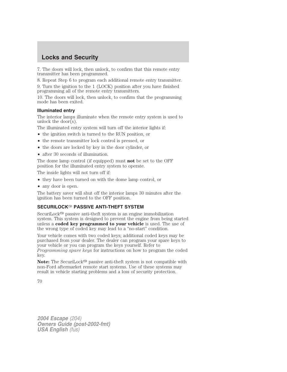 Locks and security | FORD 2004 Escape v.1 User Manual | Page 70 / 240