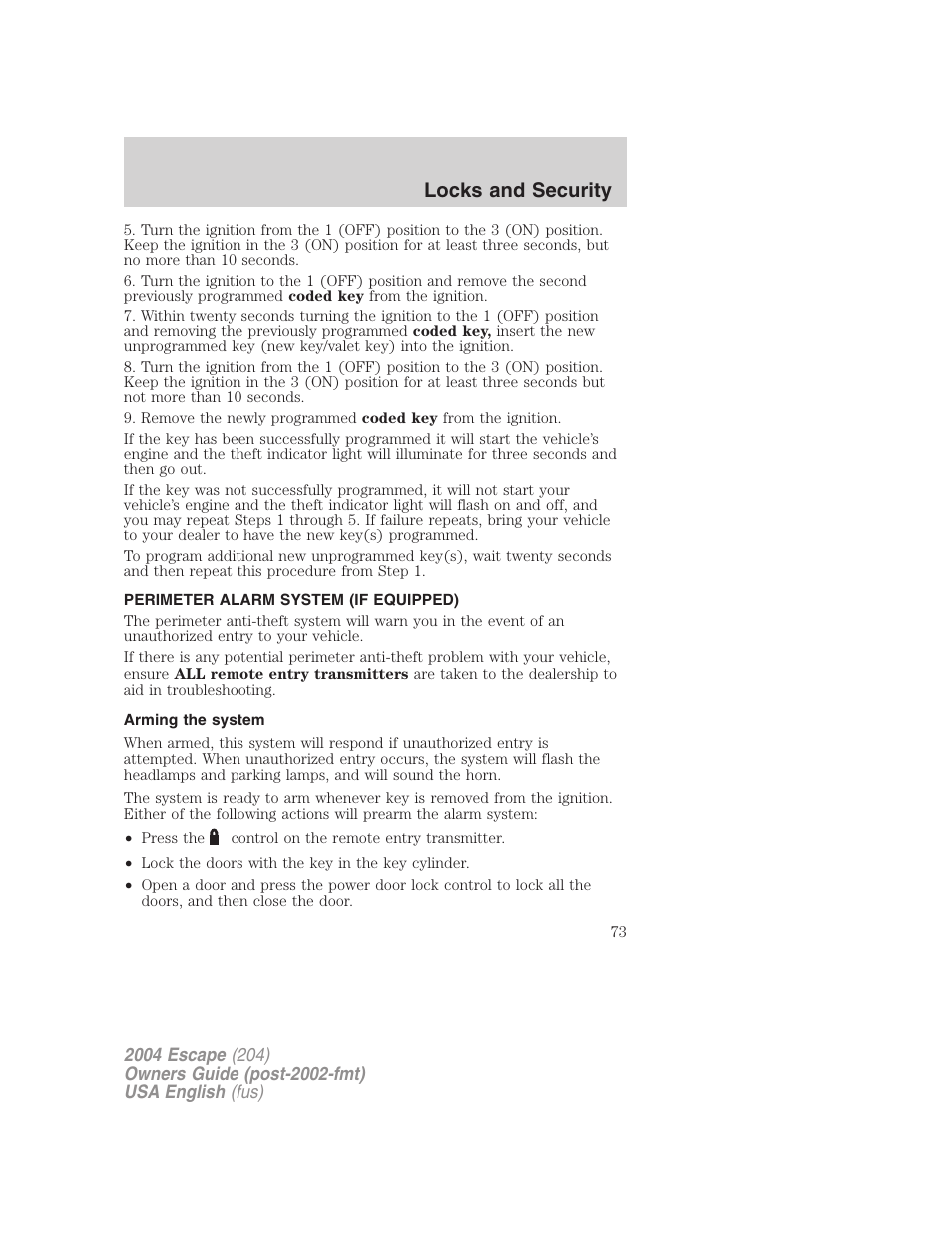 Locks and security | FORD 2004 Escape v.1 User Manual | Page 73 / 240