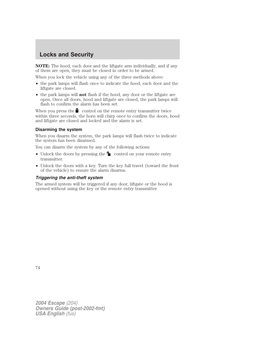 Locks and security | FORD 2004 Escape v.1 User Manual | Page 74 / 240