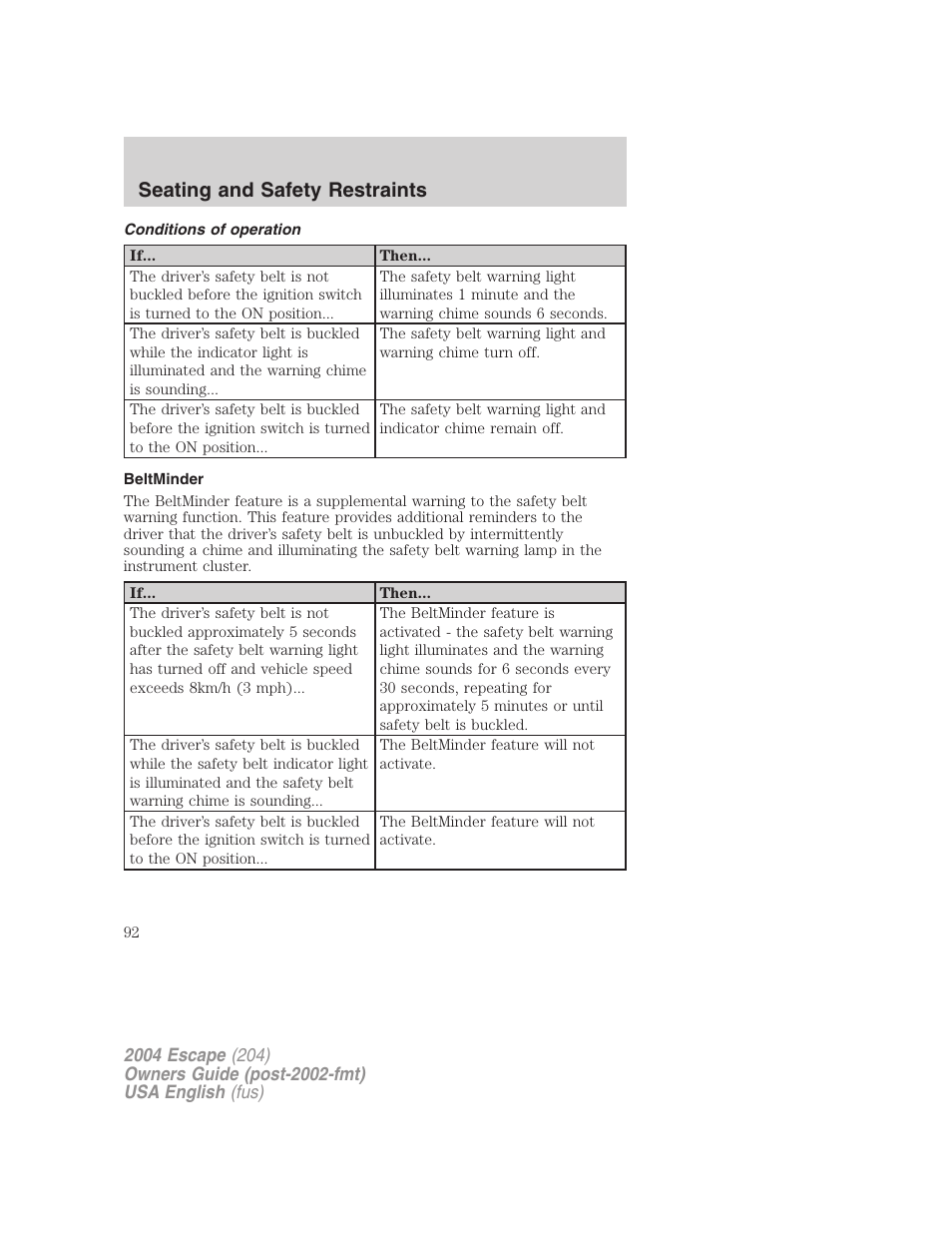 Seating and safety restraints | FORD 2004 Escape v.1 User Manual | Page 92 / 240