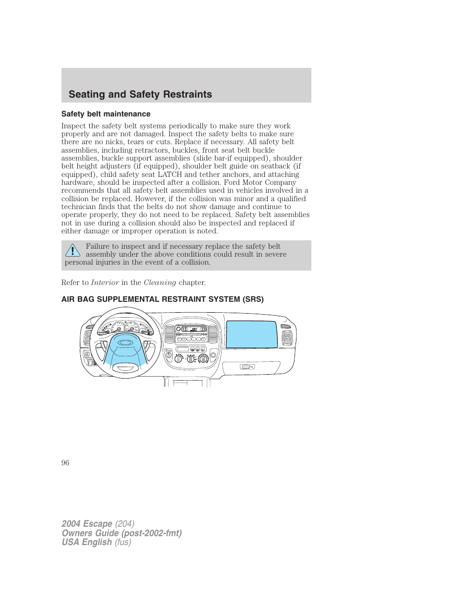 Seating and safety restraints | FORD 2004 Escape v.1 User Manual | Page 96 / 240
