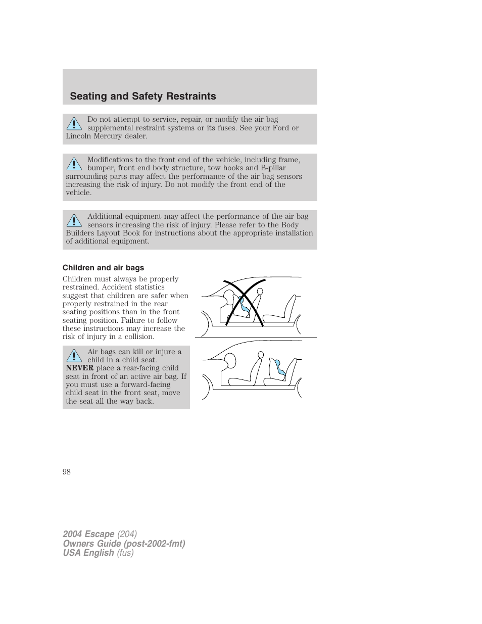 Seating and safety restraints | FORD 2004 Escape v.1 User Manual | Page 98 / 240