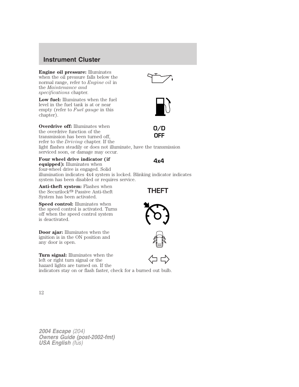 Instrument cluster | FORD 2004 Escape v.2 User Manual | Page 12 / 256