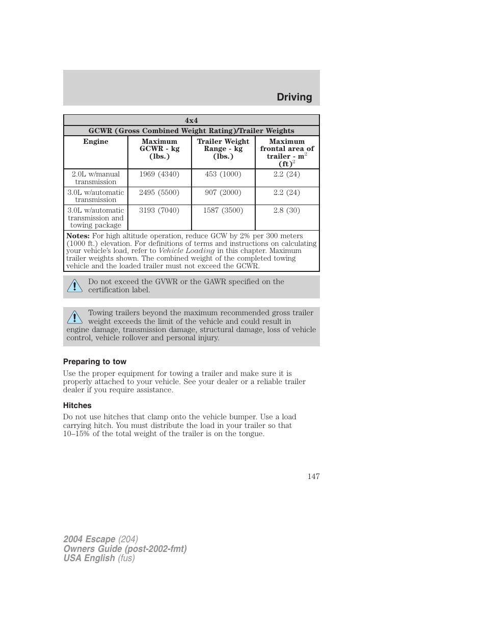 Driving | FORD 2004 Escape v.2 User Manual | Page 147 / 256