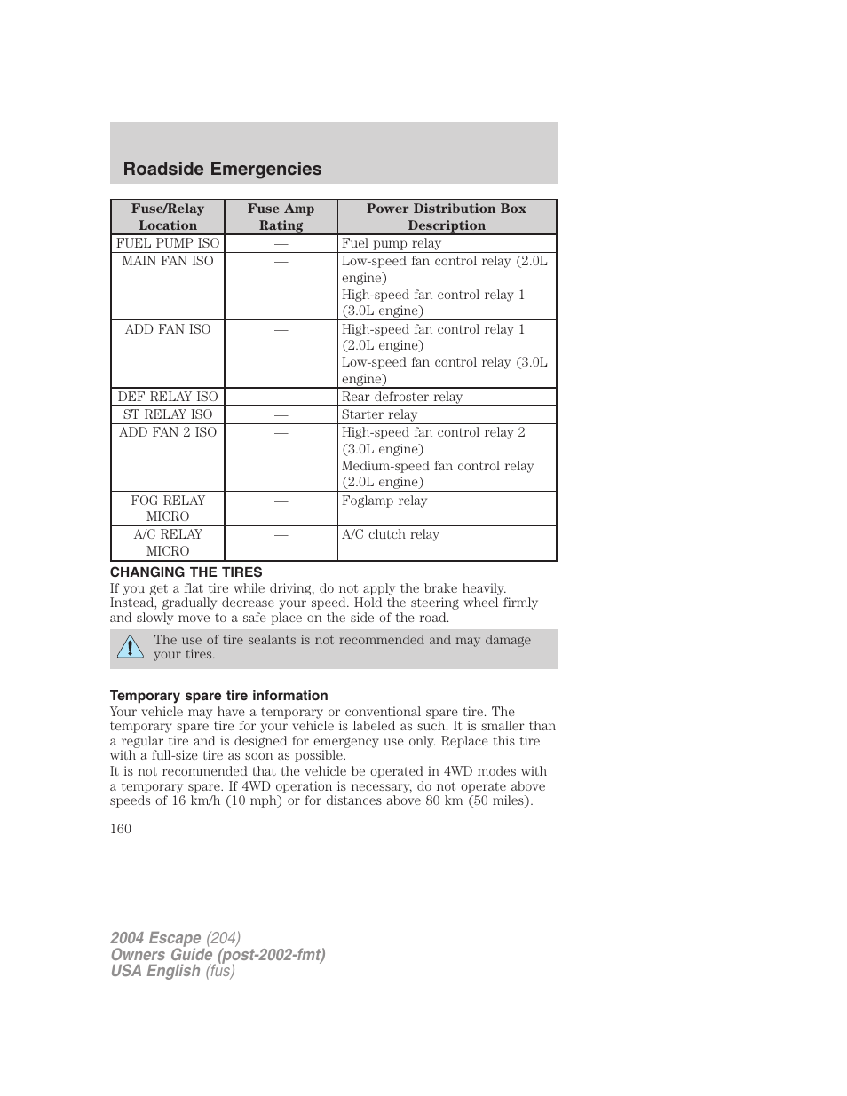Roadside emergencies | FORD 2004 Escape v.2 User Manual | Page 160 / 256