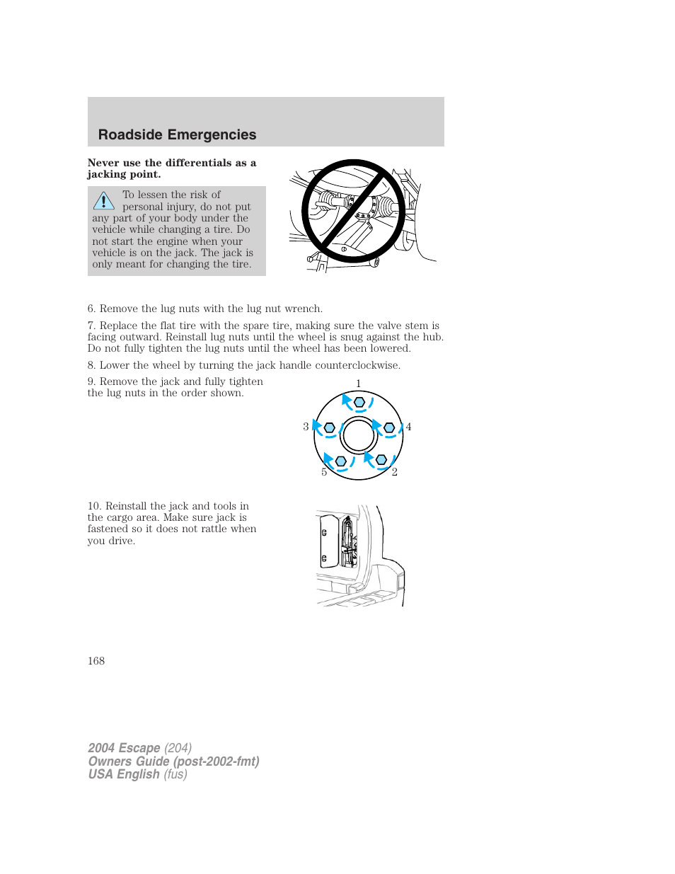 Roadside emergencies | FORD 2004 Escape v.2 User Manual | Page 168 / 256