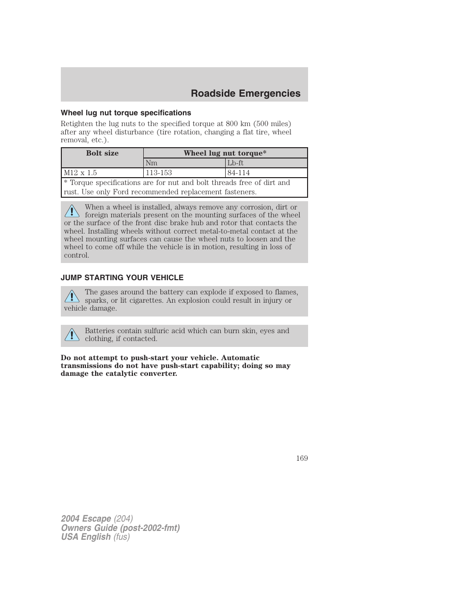Roadside emergencies | FORD 2004 Escape v.2 User Manual | Page 169 / 256