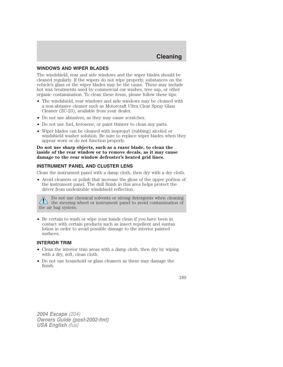 Cleaning | FORD 2004 Escape v.2 User Manual | Page 189 / 256