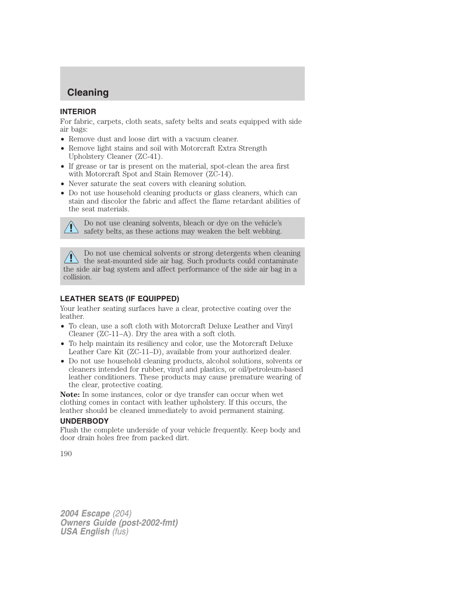 Cleaning | FORD 2004 Escape v.2 User Manual | Page 190 / 256