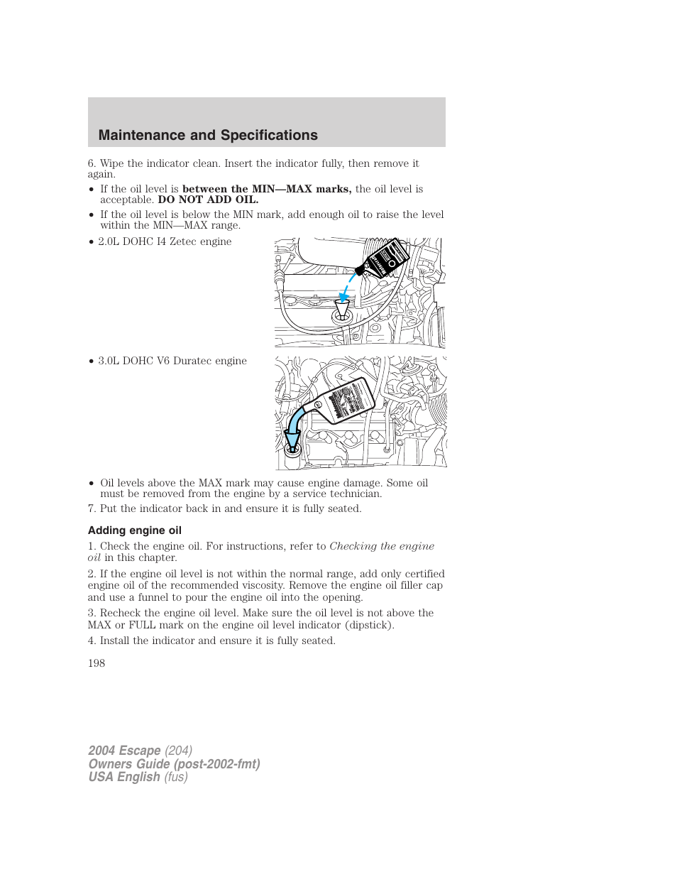 Maintenance and specifications | FORD 2004 Escape v.2 User Manual | Page 198 / 256