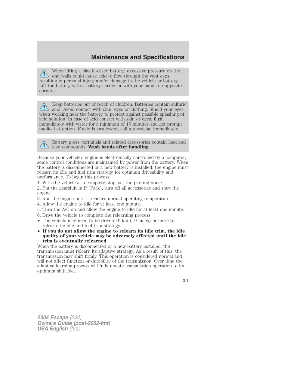 Maintenance and specifications | FORD 2004 Escape v.2 User Manual | Page 201 / 256