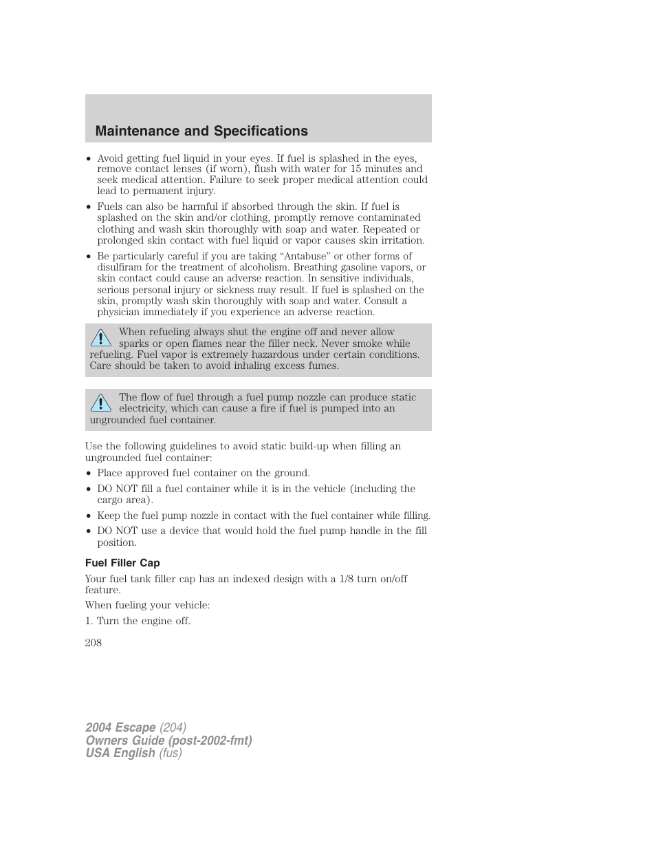 Maintenance and specifications | FORD 2004 Escape v.2 User Manual | Page 208 / 256