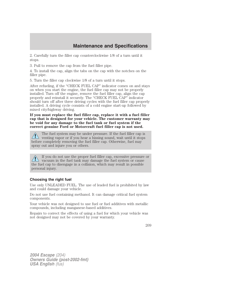 Maintenance and specifications | FORD 2004 Escape v.2 User Manual | Page 209 / 256