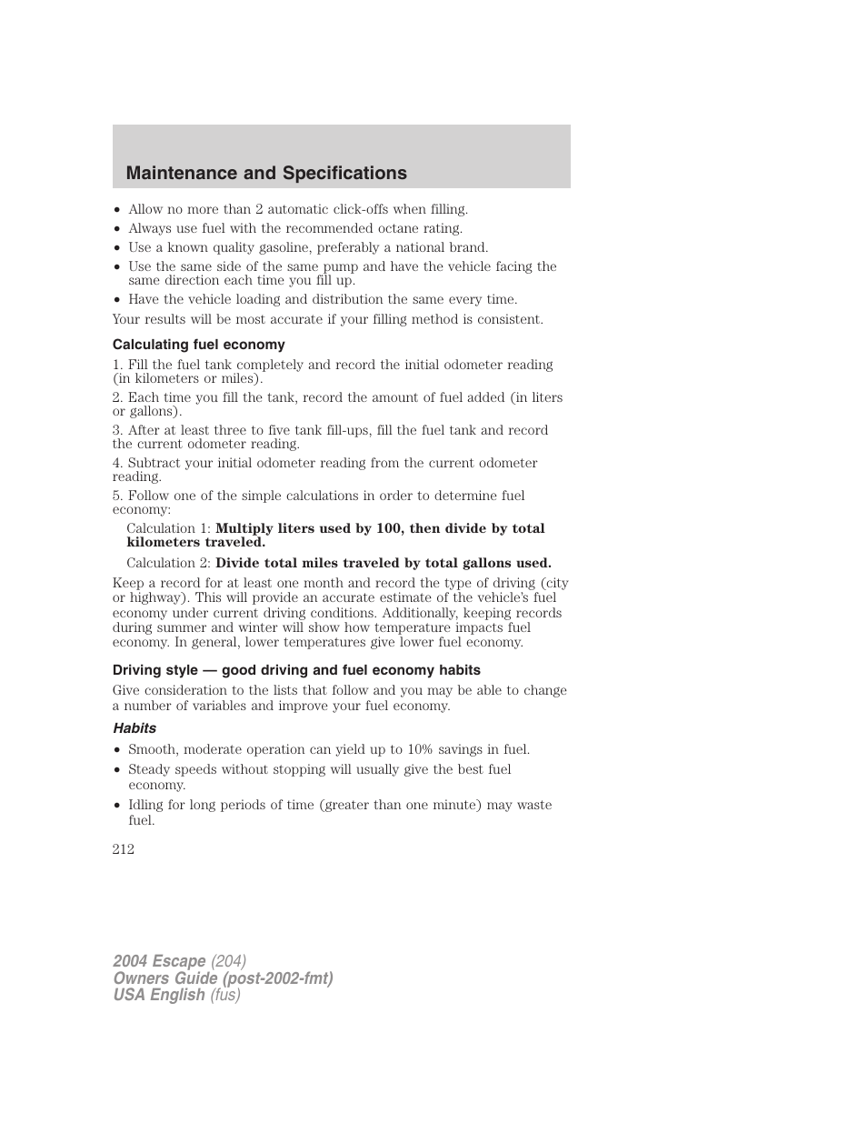 Maintenance and specifications | FORD 2004 Escape v.2 User Manual | Page 212 / 256