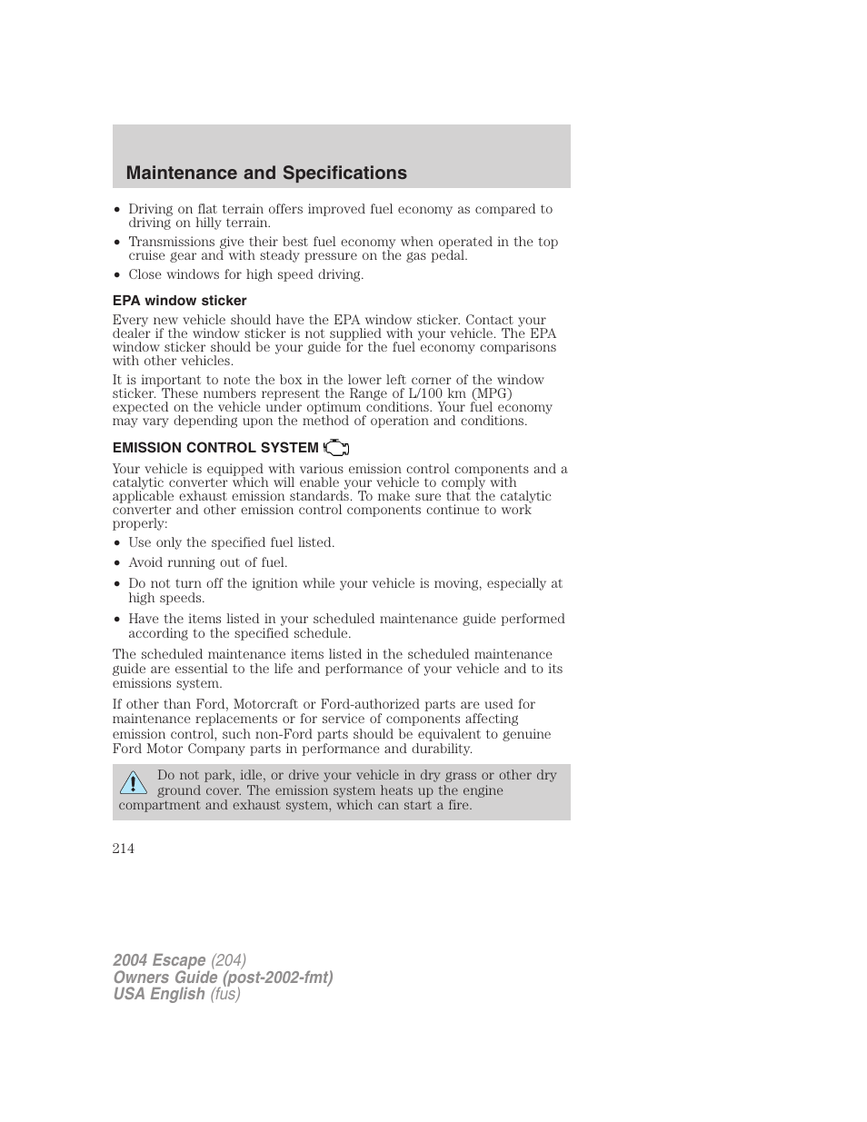 Maintenance and specifications | FORD 2004 Escape v.2 User Manual | Page 214 / 256