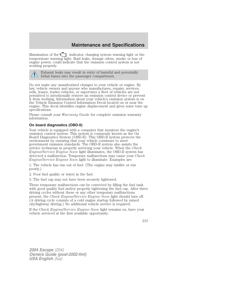 Maintenance and specifications | FORD 2004 Escape v.2 User Manual | Page 215 / 256