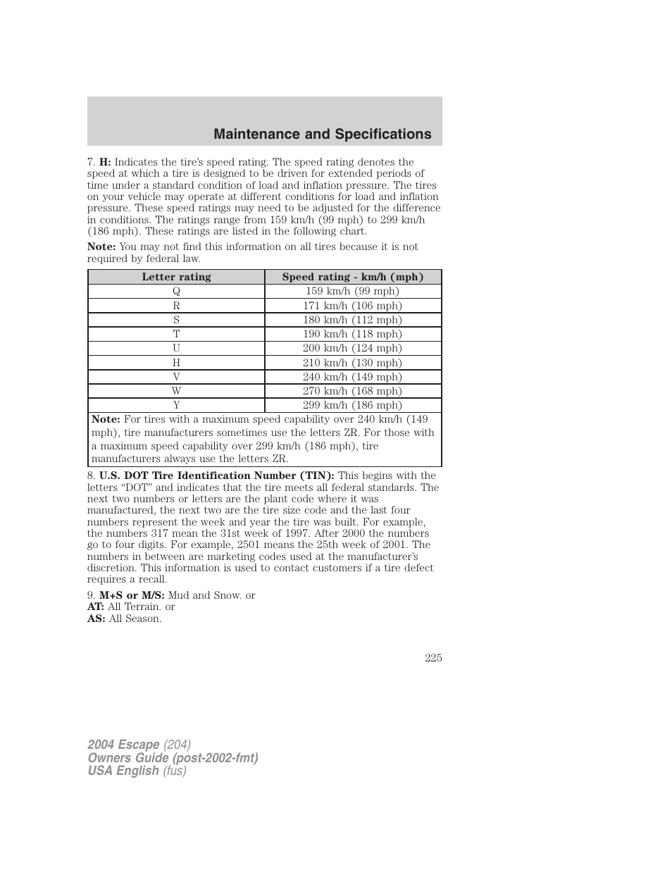 Maintenance and specifications | FORD 2004 Escape v.2 User Manual | Page 225 / 256