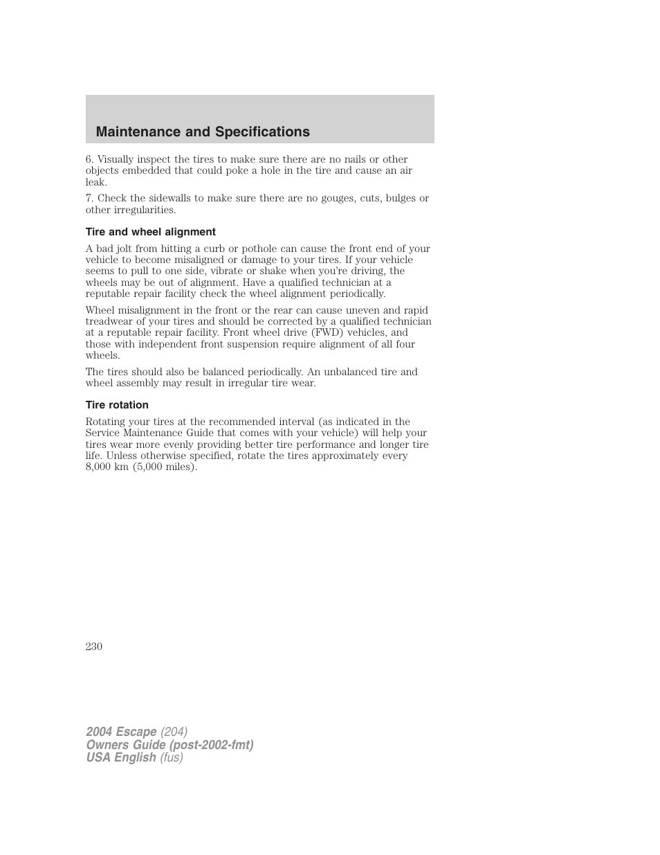 Maintenance and specifications | FORD 2004 Escape v.2 User Manual | Page 230 / 256