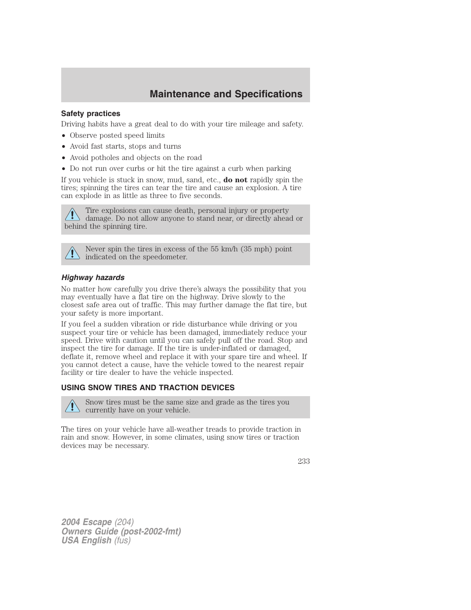 Maintenance and specifications | FORD 2004 Escape v.2 User Manual | Page 233 / 256