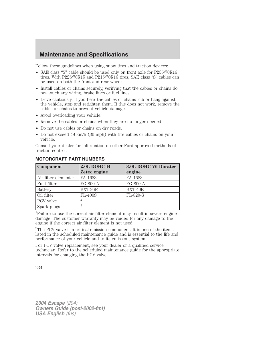 Maintenance and specifications | FORD 2004 Escape v.2 User Manual | Page 234 / 256