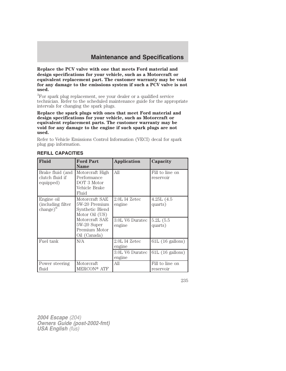 Maintenance and specifications | FORD 2004 Escape v.2 User Manual | Page 235 / 256