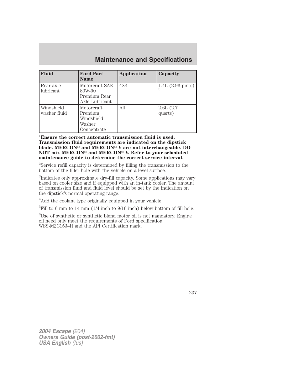 Maintenance and specifications | FORD 2004 Escape v.2 User Manual | Page 237 / 256