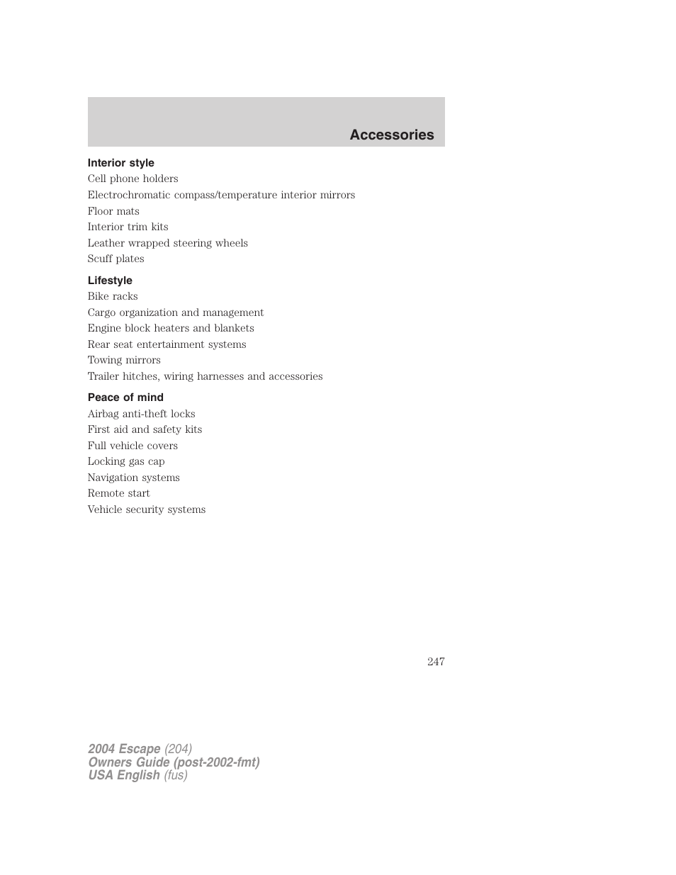 Accessories | FORD 2004 Escape v.2 User Manual | Page 247 / 256