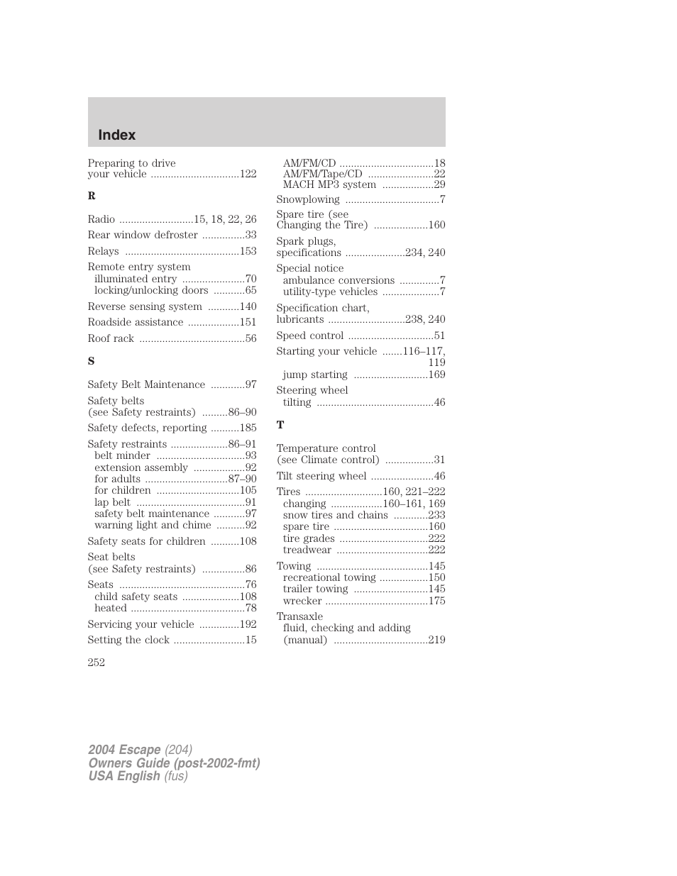 Index | FORD 2004 Escape v.2 User Manual | Page 252 / 256