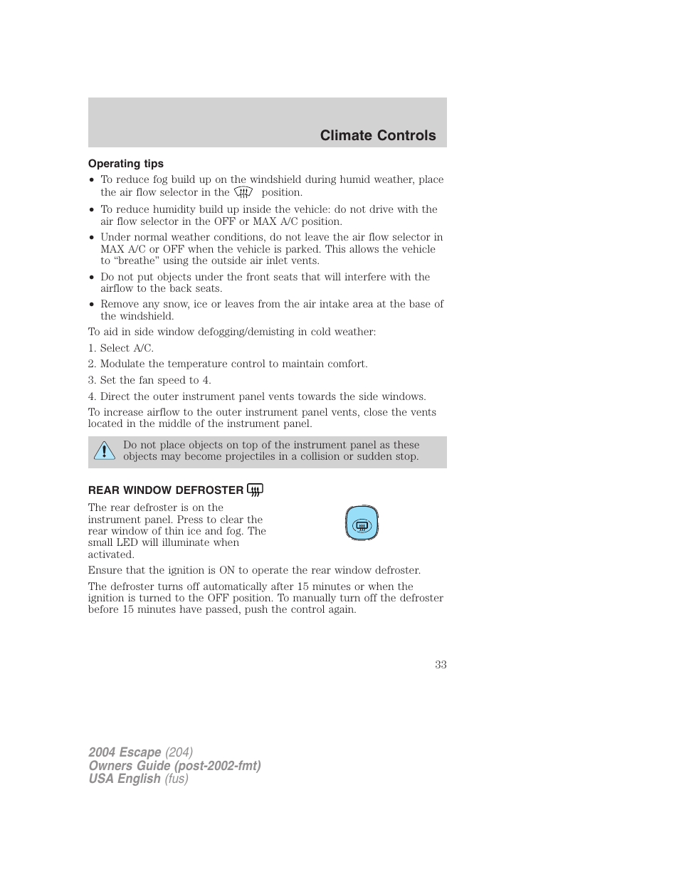 Climate controls | FORD 2004 Escape v.2 User Manual | Page 33 / 256